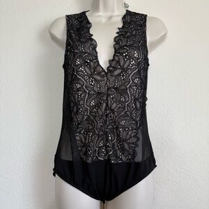 TIMING Women’s Bodysuit Black Lace|Sexy| V-Neck Size Large New